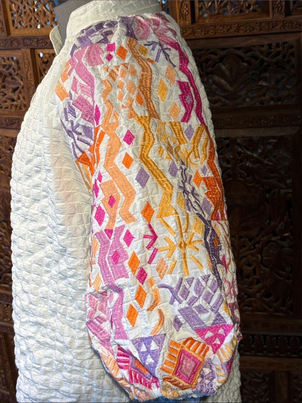 THML Embroidered White Puff-Sleeve Women's Top with Pink & Orange Accents